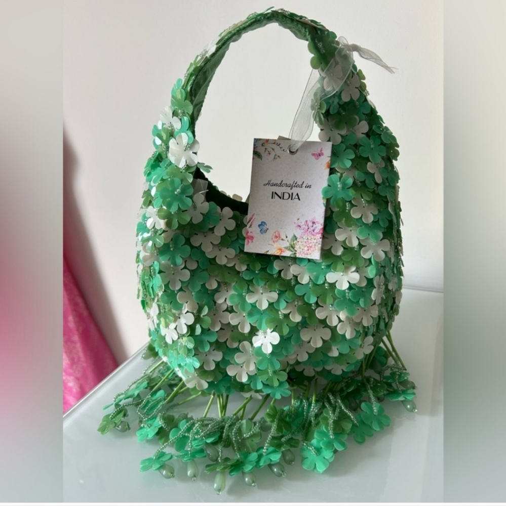 Green Beaded Floral Handbag